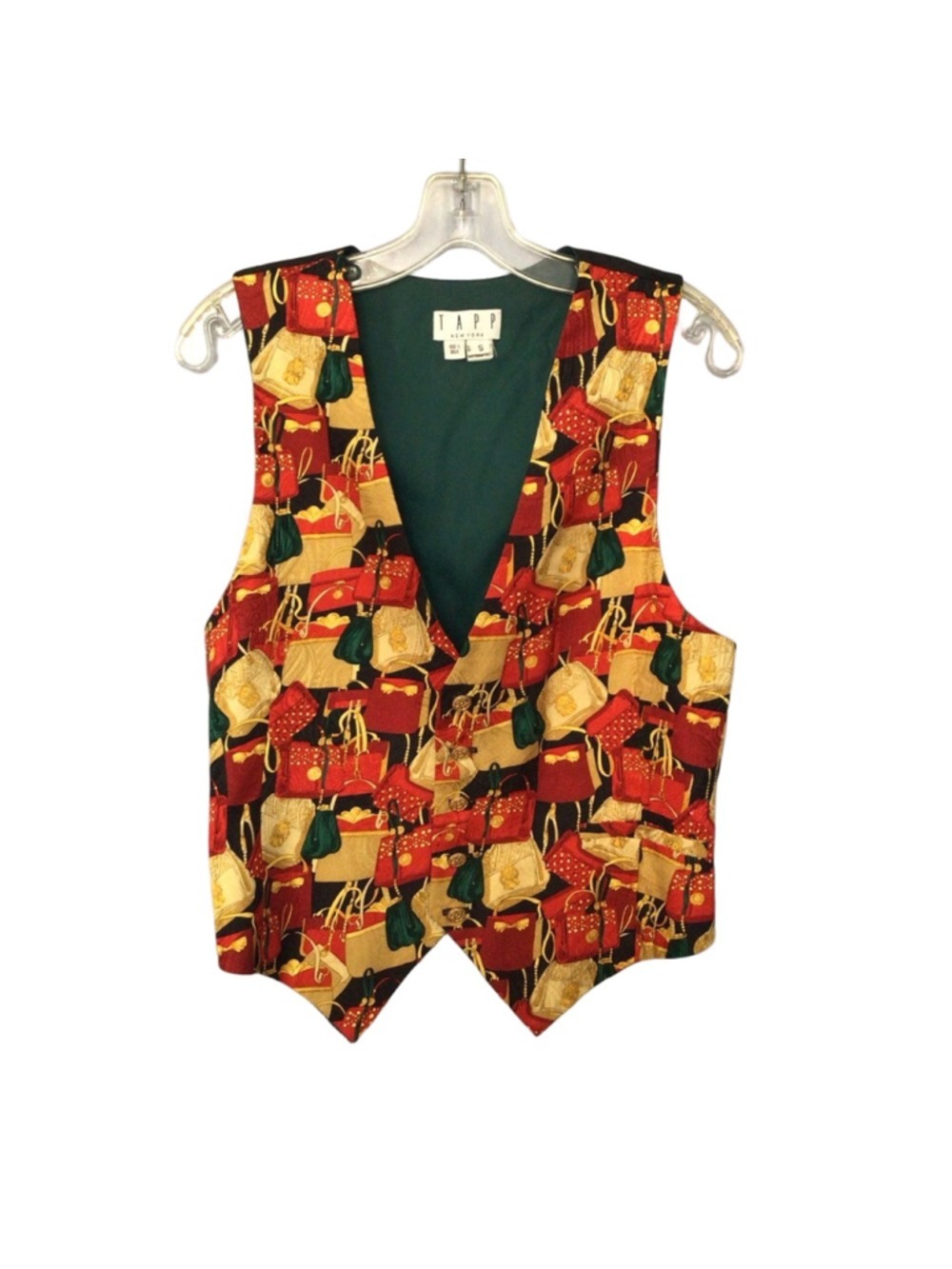 Tapp Vintage 100% Silk Purse Print Vest Small Red Gold Chain